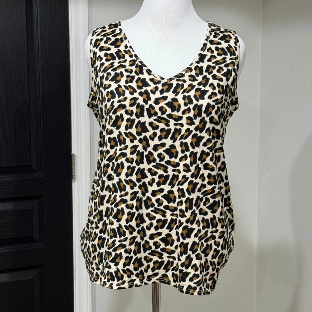 Brown Tan Black Leopard Animal Print Tank Top Shell Blouse Size Large